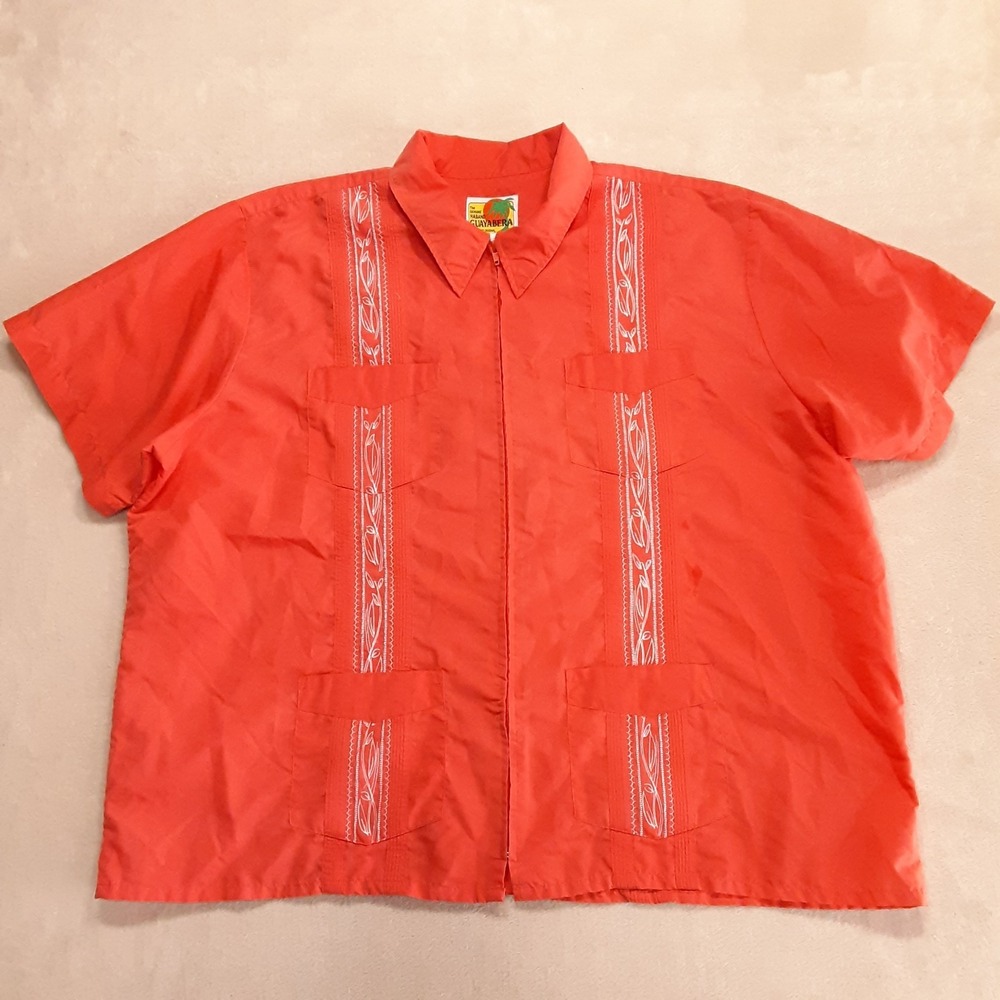 Vintage The Genuine Haband Guayabera Mens Full Zip Panel Shirt 3XL Coral #190